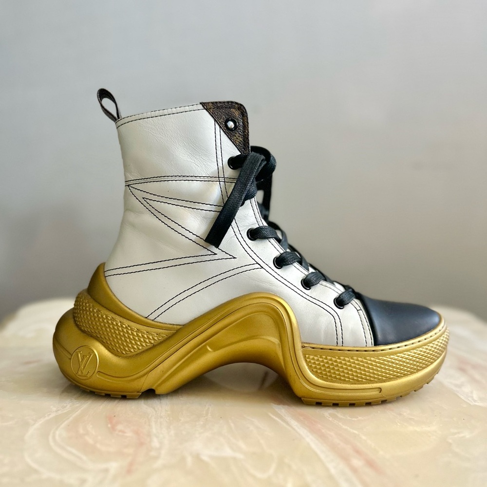 Louis Vuitton White and Gold Lace Up Boots
